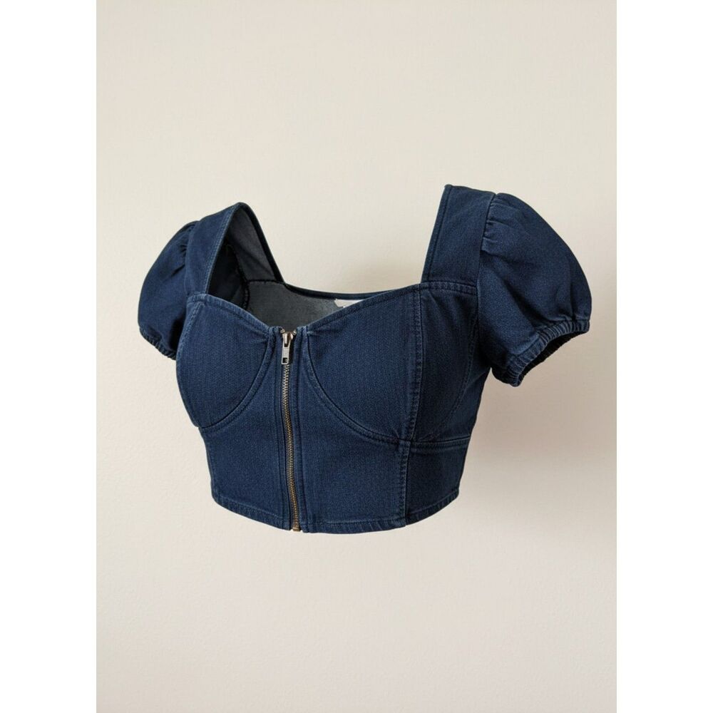 Derek Heart Denim Bustier Crop Top Puff Sleeve Front Zip Dark Wash XL